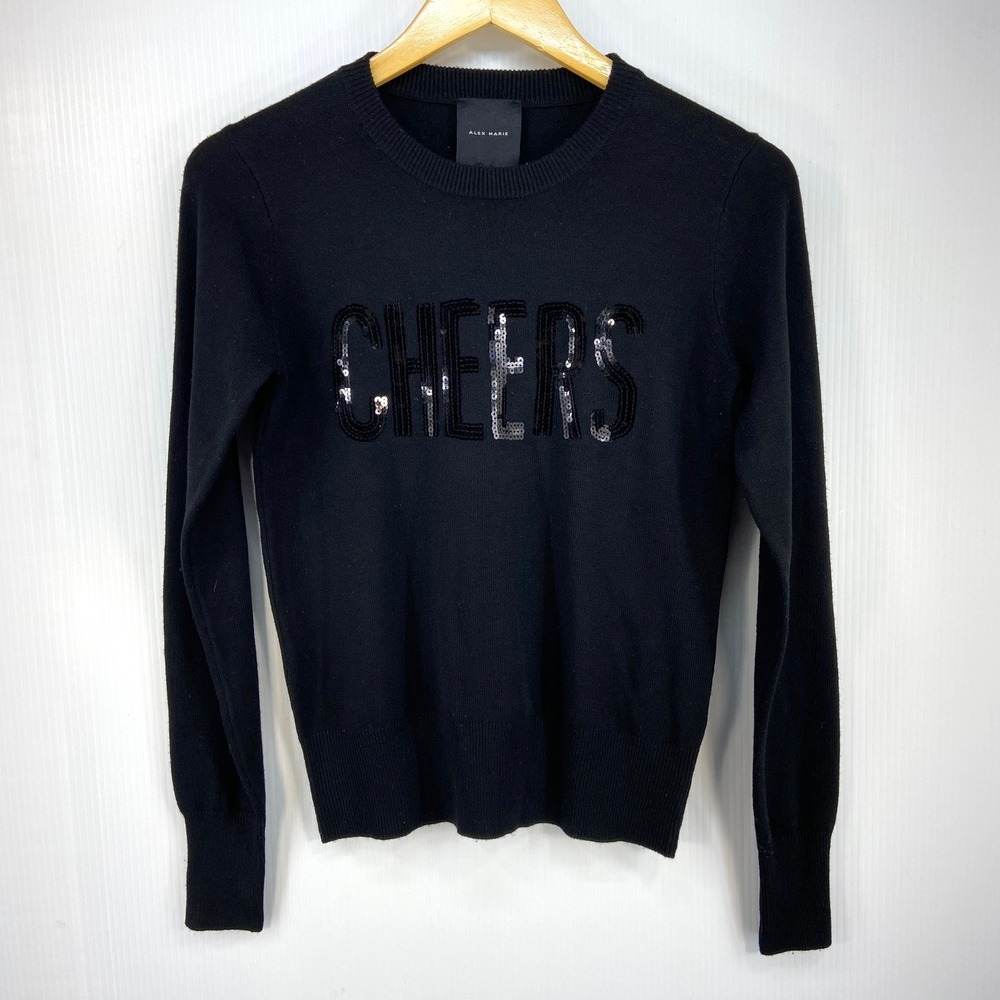 Alex Marie Black Sequin CHEERS Wool Blend Crew Neck Sweater Womens XS
